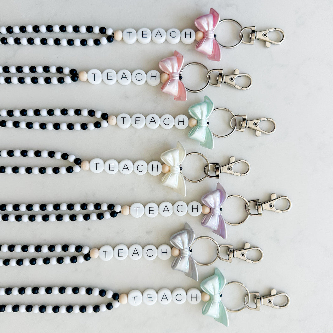 Black and White Pastel Bow TEACH Friendship Bracelet Full Beaded Lanyard