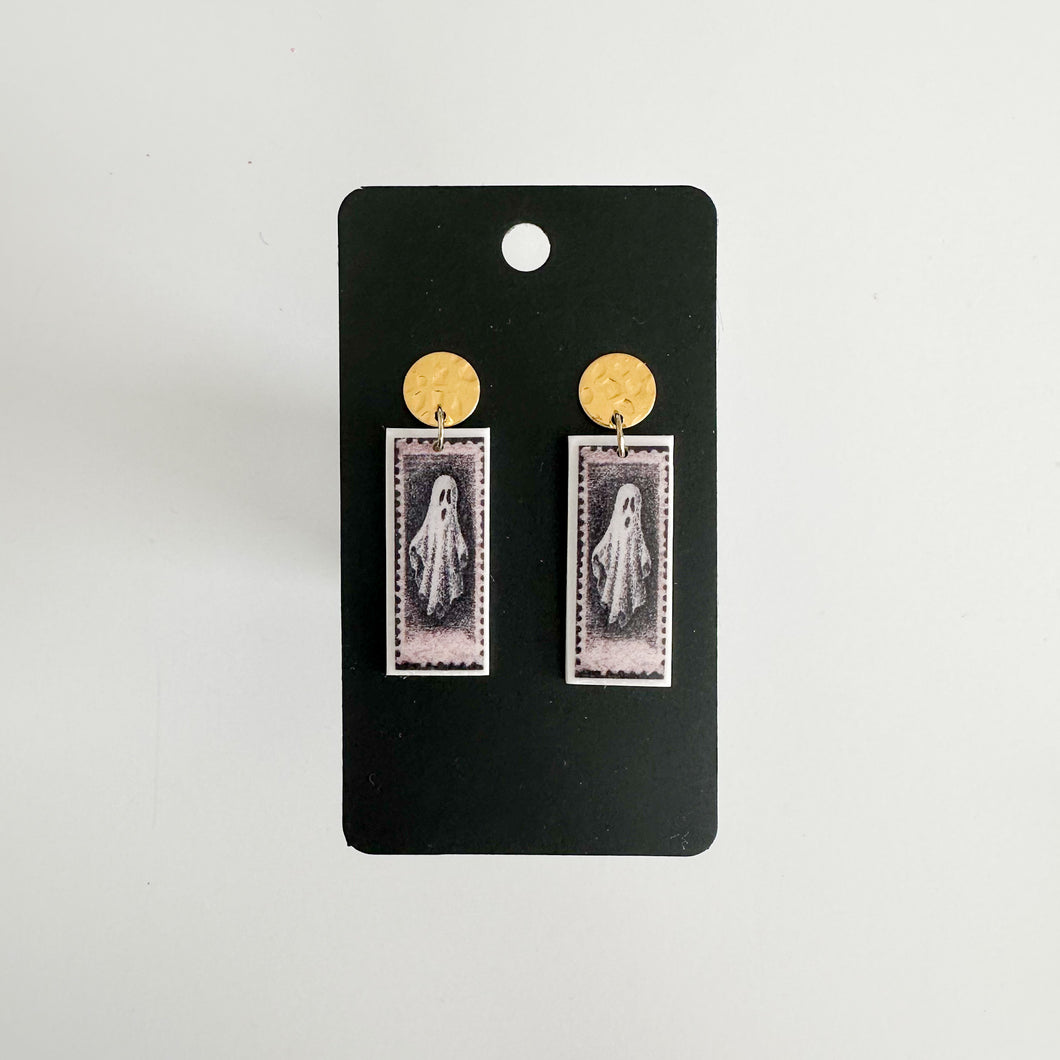 Spooky Stamp Rectangle Earrings (ghost)