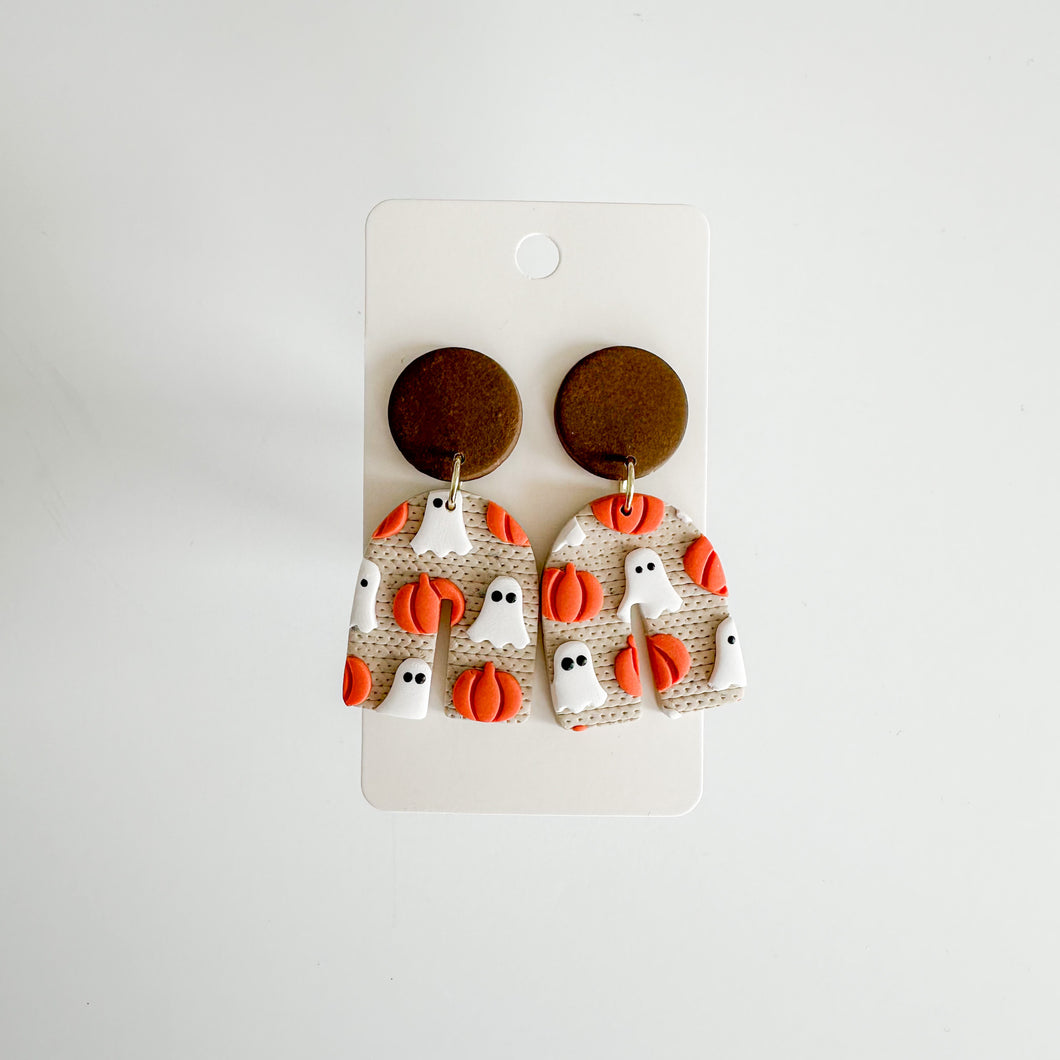 Neutral Linen Ghost and Pumpkin Pattern Slab Earrings