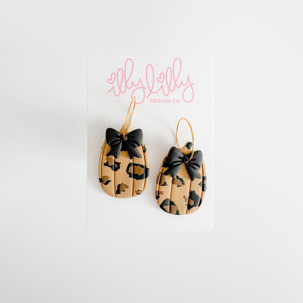 Cheetah and Black Pumpkin Bow Earrings