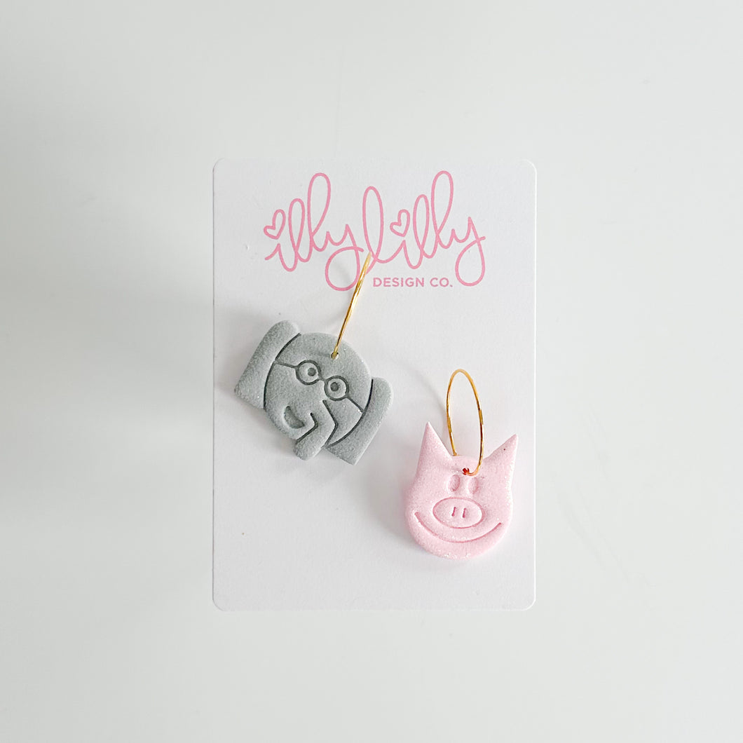 Elephant and Piggie Hoop Earrings