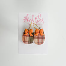 Load image into Gallery viewer, Brown and Orange Plaid Pumpkin Bow Hoop Earrings