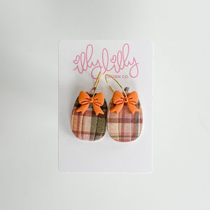 Brown and Orange Plaid Pumpkin Bow Hoop Earrings