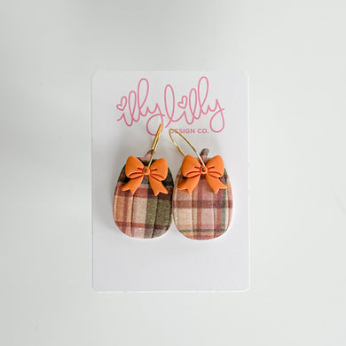 Brown and Orange Plaid Pumpkin Bow Hoop Earrings