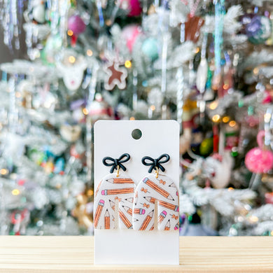 Black Bow Pencil Print Arch Earrings