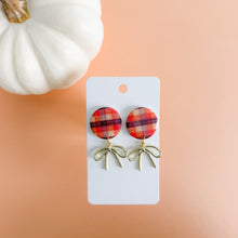 Load image into Gallery viewer, Fall Plaid With Gold Bow Earrings