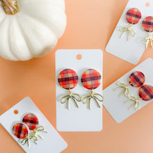 Load image into Gallery viewer, Fall Plaid With Gold Bow Earrings