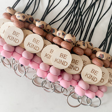 Pink and Rose Gold Wood Be Kind Lanyards