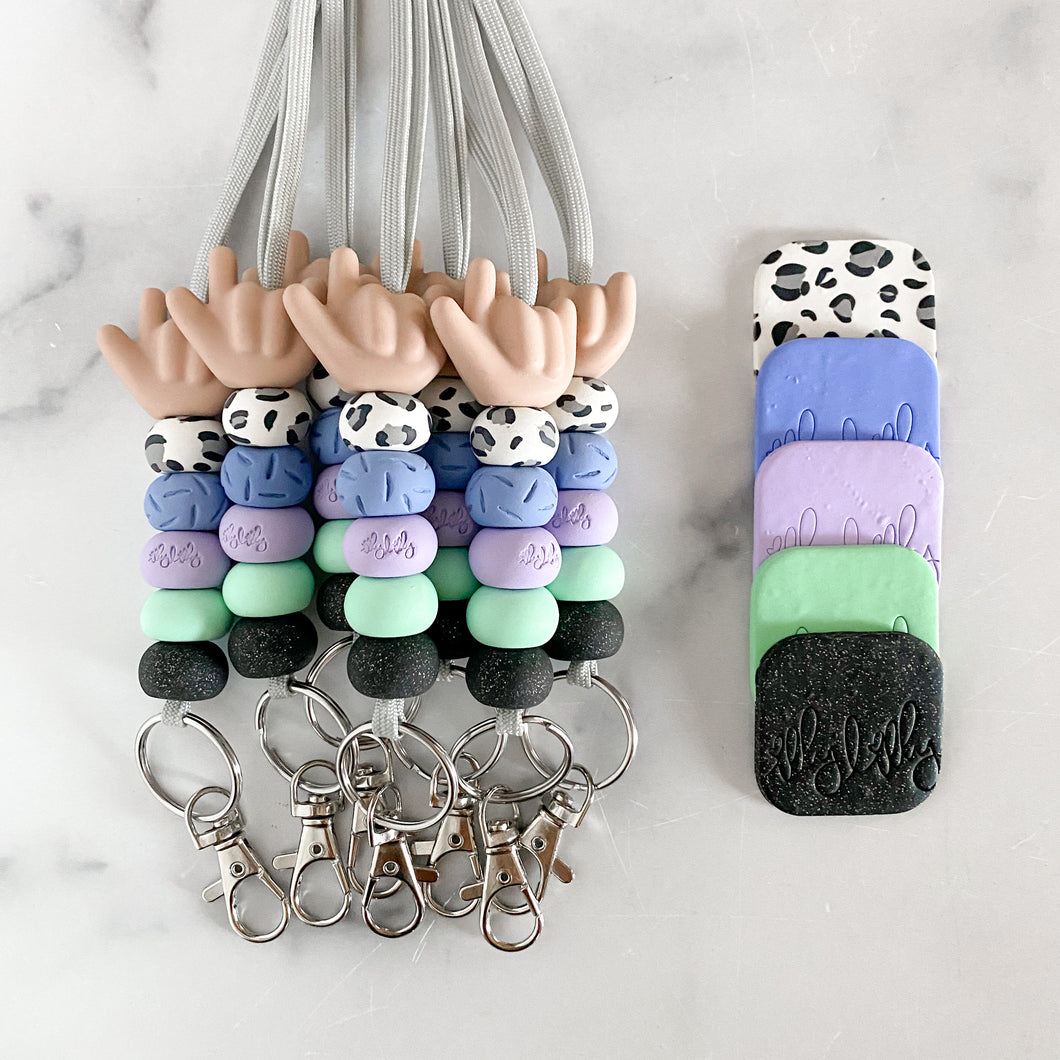 Snow Leopard and Cool Tones ASL ILY Hand Lanyards (clay beads)